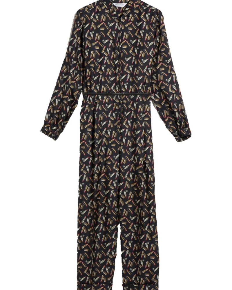 Front of a model wearing a size US10 Mara Lipstick Print Jumpsuit In Black in Black by MaxMara. | dia_product_style_image_id:360369
